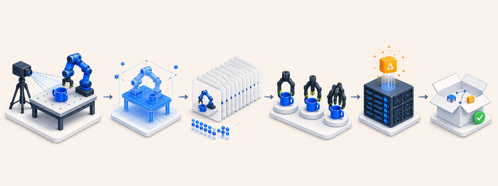 Six-stage Teehoo pipeline from left to right: Capture · Reconstruct · Scale · Retarget · Train · Deliver