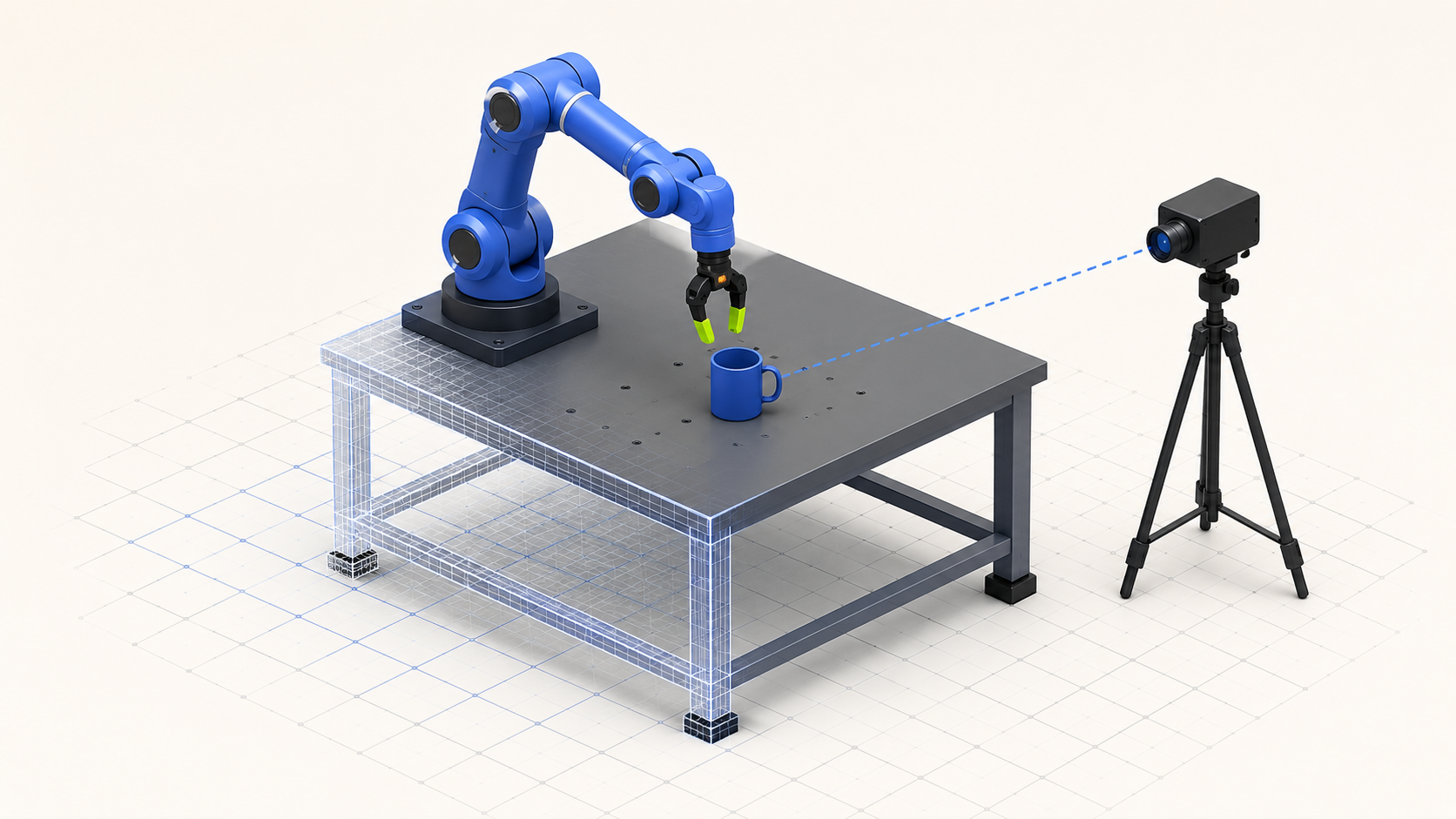 Isometric workcell · table-mounted robot arm with tripod camera observing a target object